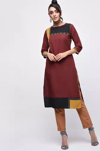 crepe color block straight kurta,brown,(s,m,l,xl,2xl,3xl)