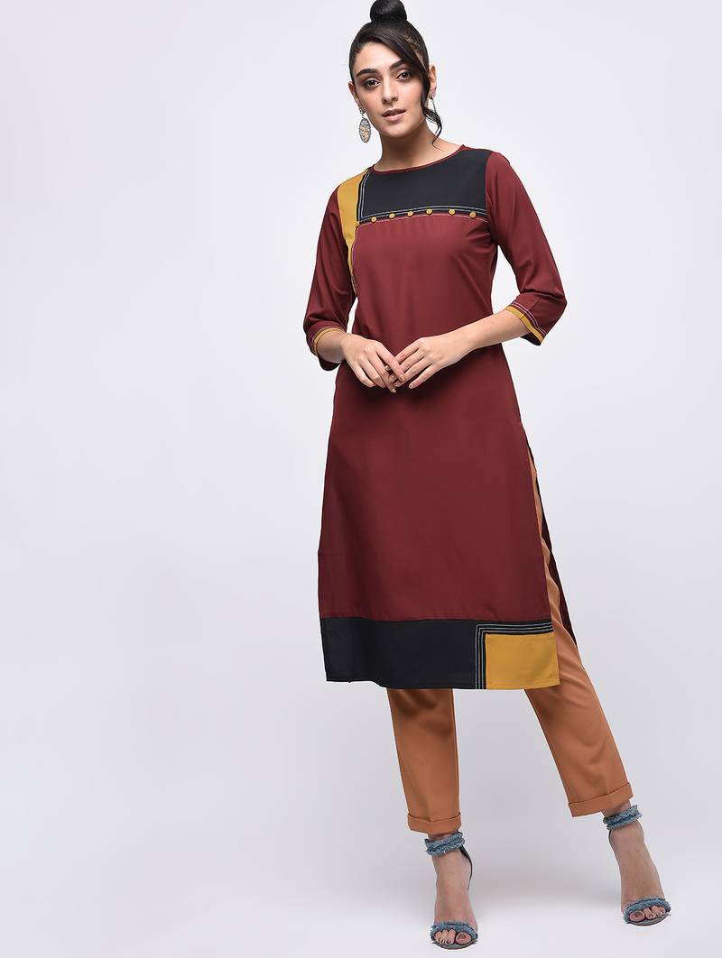 crepe color block straight kurta,brown,(s,m,l,xl,2xl,3xl)