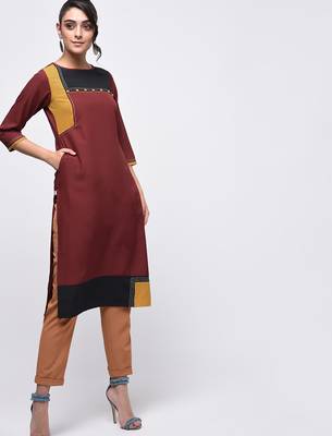 crepe color block straight kurta,brown,(s,m,l,xl,2xl,3xl) 3