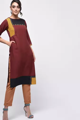 crepe color block straight kurta,brown,(s,m,l,xl,2xl,3xl)