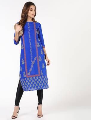 cotton block printed straight kurta,blue,(s,m,l,xl,2xl,3xl) 1