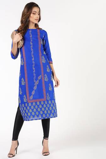 cotton block printed straight kurta blue