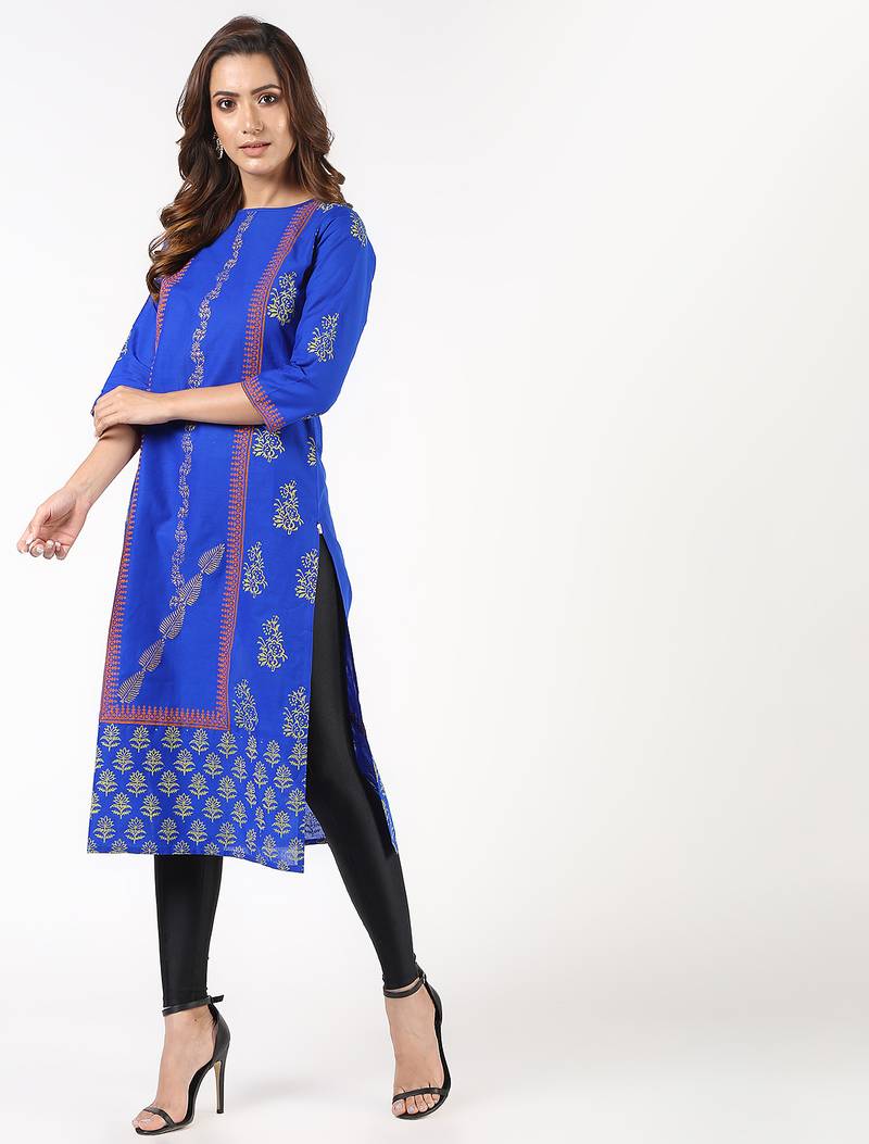 cotton block printed straight kurta,blue,(s,m,l,xl,2xl,3xl)