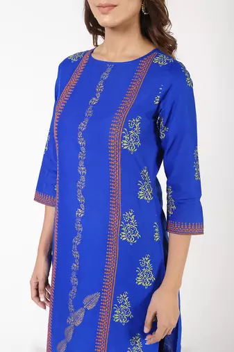 cotton block printed straight kurta,blue,(s,m,l,xl,2xl,3xl)