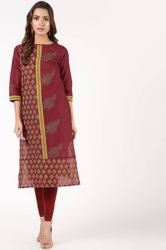 cotton block printed straight kurta,maroon,(s,m,l,xl,2xl,3xl)