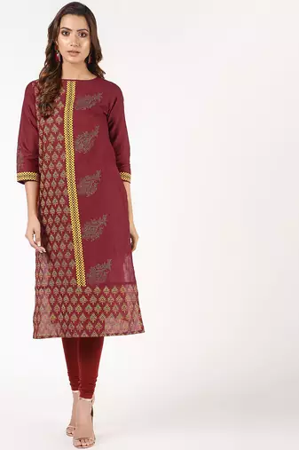 cotton block printed straight kurta,maroon,(s,m,l,xl,2xl,3xl)