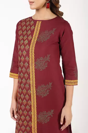 cotton block printed straight kurta,maroon,(s,m,l,xl,2xl,3xl)