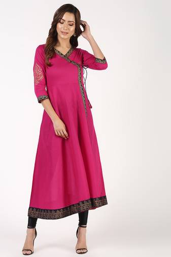 Cotton block print angrakha kurta,magenta,(s,m,l,xl,2xl,3xl)