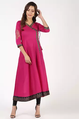 Cotton block print angrakha kurta,magenta,(s,m,l,xl,2xl,3xl)