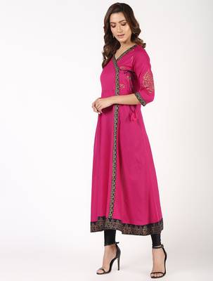 Cotton block print angrakha kurta,magenta,(s,m,l,xl,2xl,3xl) 2