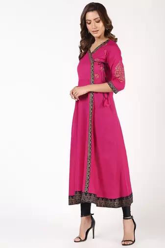 Cotton block print angrakha kurta,magenta,(s,m,l,xl,2xl,3xl)