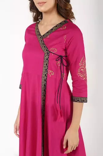 Cotton block print angrakha kurta,magenta,(s,m,l,xl,2xl,3xl)