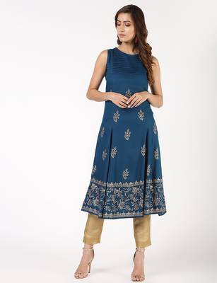 Rayon block print flared kurta,blue,(s,m,l,xl,2xl,3xl) 1