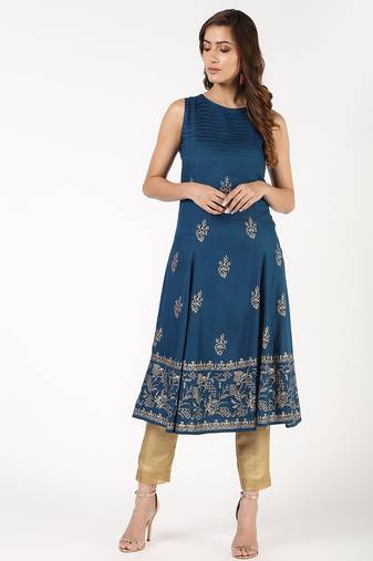 Rayon block print flared kurta,blue,(s,m,l,xl,2xl,3xl)