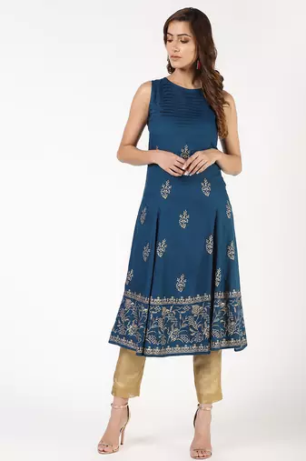 Rayon block print flared kurta,blue,(s,m,l,xl,2xl,3xl)