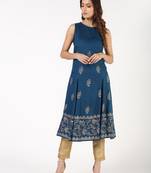 Rayon block print flared kurta,blue,(s,m,l,xl,2xl,3xl)