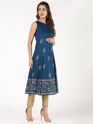 Rayon block print flared kurta,blue,(s,m,l,xl,2xl,3xl) 2
