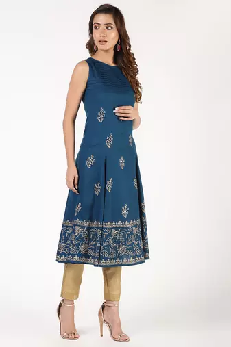 Rayon block print flared kurta,blue,(s,m,l,xl,2xl,3xl)