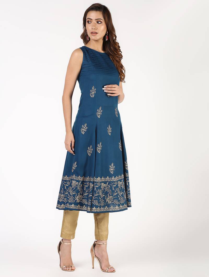 Rayon block print flared kurta,blue,(s,m,l,xl,2xl,3xl)