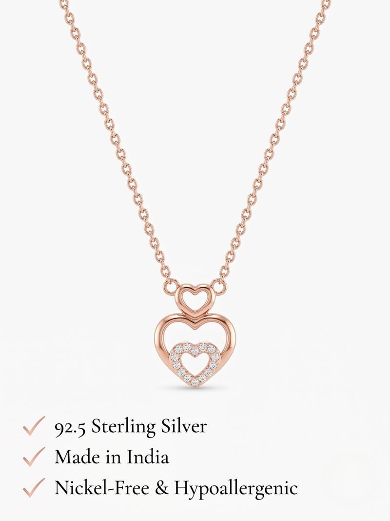 925 Sterling Silver Rose Gold  Triple Heart Pendant Necklace Set 
