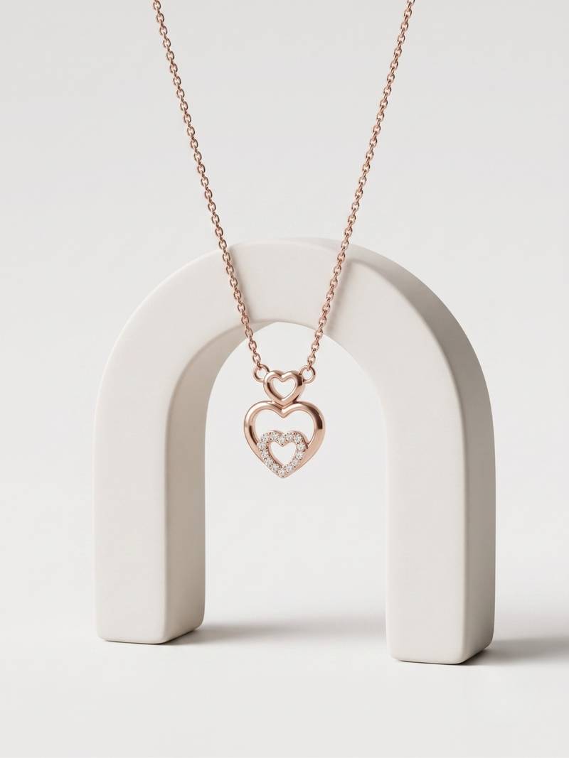 925 Sterling Silver Rose Gold  Triple Heart Pendant Necklace Set 