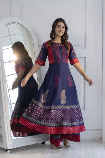 Rayon block print anarkali kurta,navy blue,(s,m,l,xl,2xl,3xl)