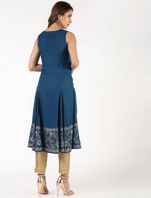 Rayon block print flared kurta,blue,(s,m,l,xl,2xl,3xl) 3