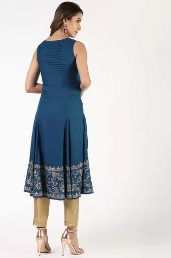 Rayon block print flared kurta,blue,(s,m,l,xl,2xl,3xl)