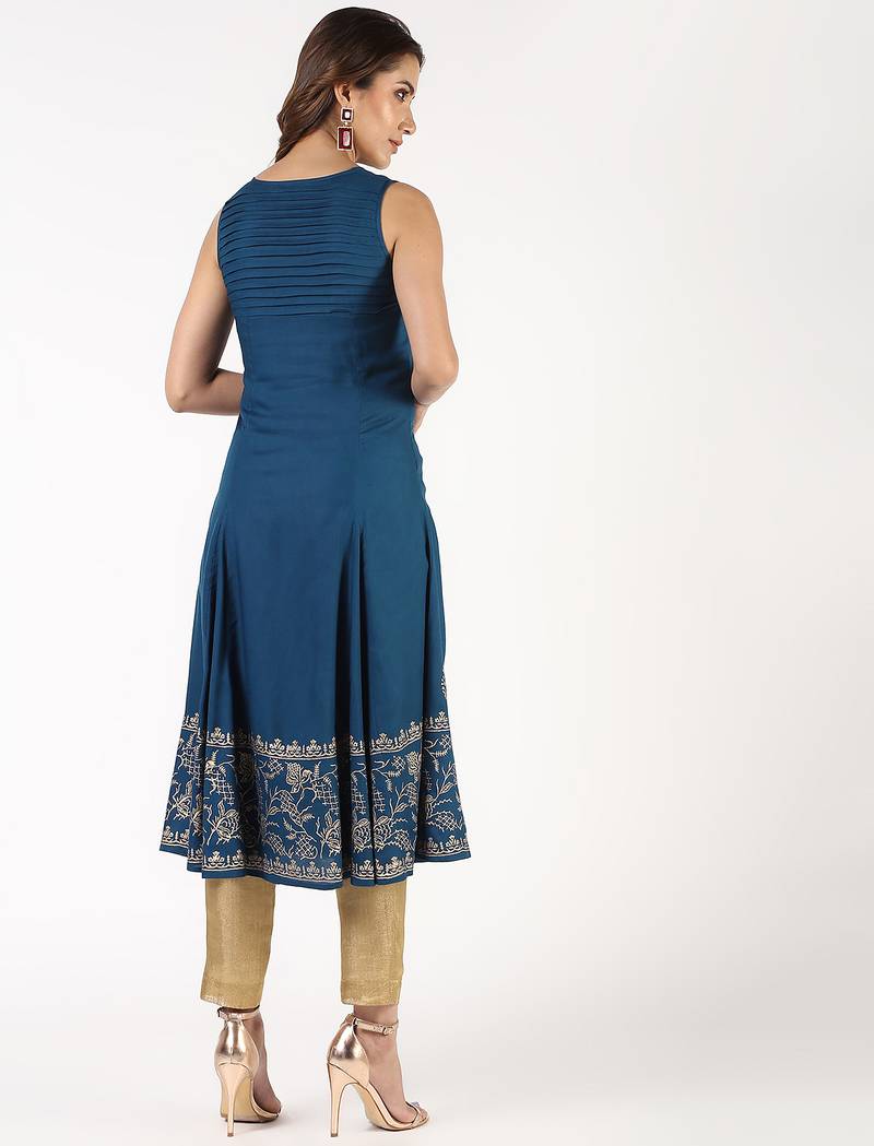 Rayon block print flared kurta,blue,(s,m,l,xl,2xl,3xl)