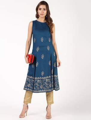 Rayon block print flared kurta,blue,(s,m,l,xl,2xl,3xl) 4