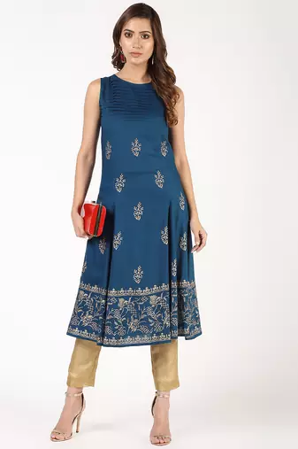 Rayon block print flared kurta,blue,(s,m,l,xl,2xl,3xl)