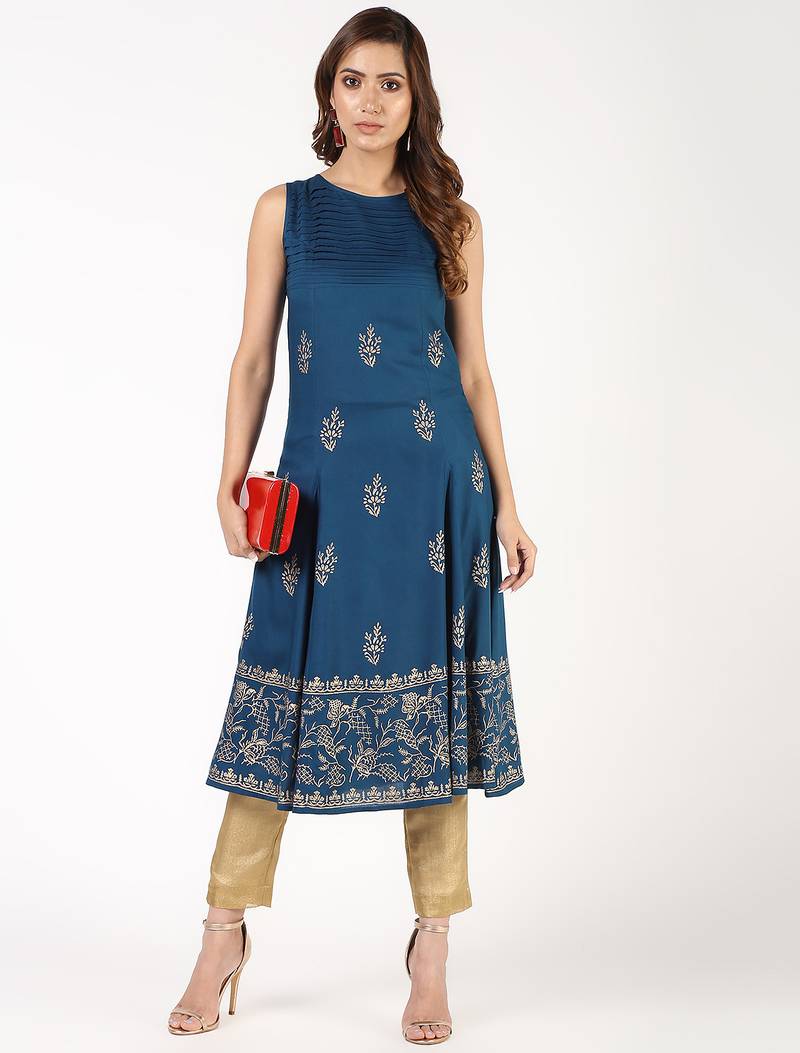 Rayon block print flared kurta,blue,(s,m,l,xl,2xl,3xl)