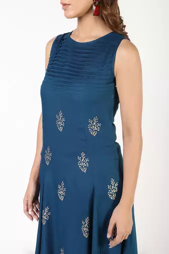Rayon block print flared kurta,blue,(s,m,l,xl,2xl,3xl)