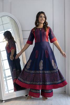 Rayon block print anarkali kurta,navy blue,(s,m,l,xl,2xl,3xl) 3