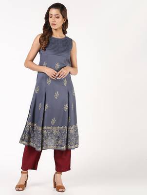 Rayon block print flared kurta,grey,(s,m,l,xl,2xl,3xl) 1