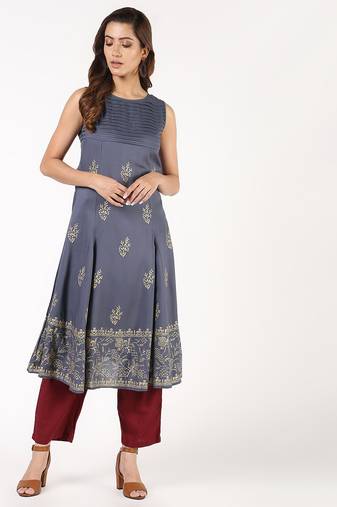 Rayon block print flared kurta grey