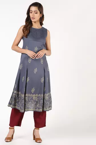 Rayon block print flared kurta,grey,(s,m,l,xl,2xl,3xl)
