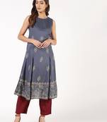Rayon block print flared kurta,grey,(s,m,l,xl,2xl,3xl)