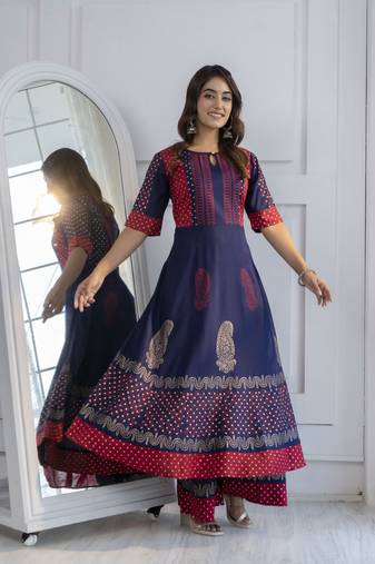 Rayon block print anarkali palazzo set navy blue