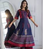 Rayon block print anarkali palazzo set,navy blue,(s,m,l,xl,2xl,3xl)
