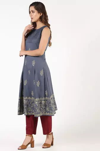 Rayon block print flared kurta,grey,(s,m,l,xl,2xl,3xl)