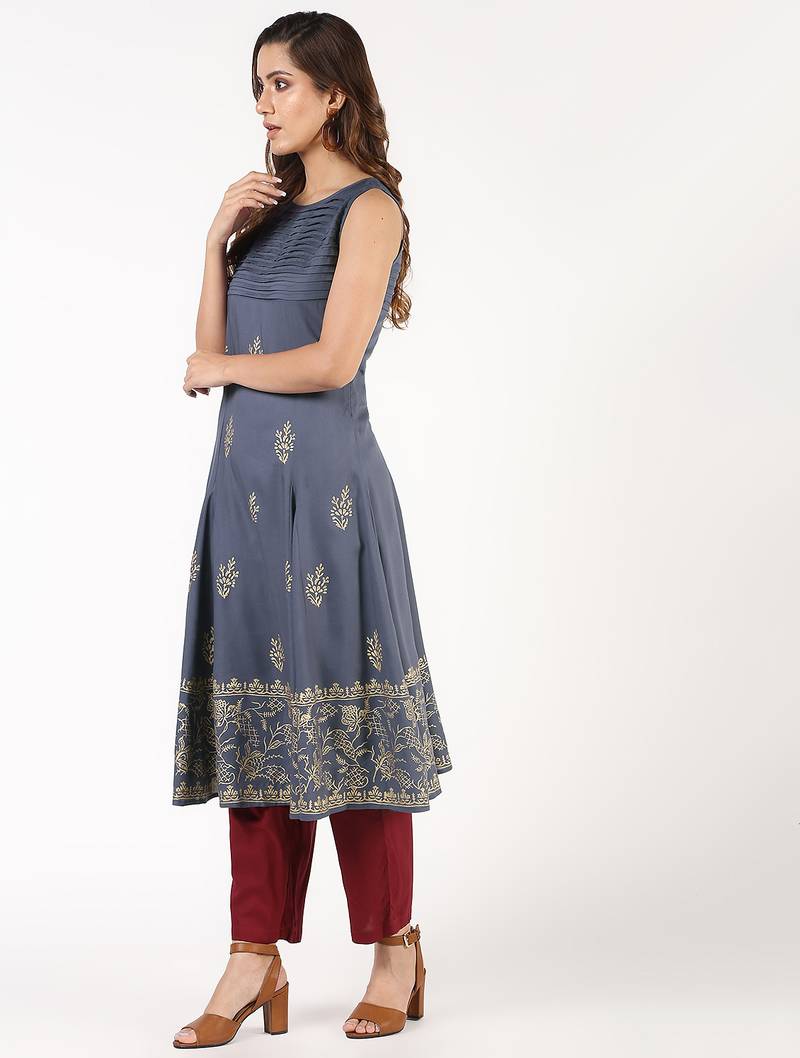 Rayon block print flared kurta,grey,(s,m,l,xl,2xl,3xl)