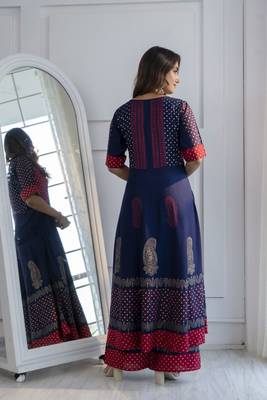 Rayon block print anarkali kurta,navy blue,(s,m,l,xl,2xl,3xl) 4