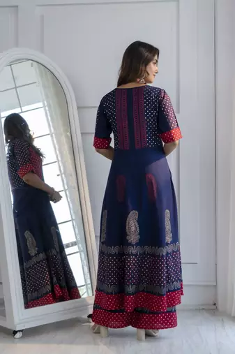 Rayon block print anarkali kurta,navy blue,(s,m,l,xl,2xl,3xl)