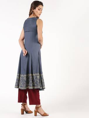 Rayon block print flared kurta,grey,(s,m,l,xl,2xl,3xl) 3