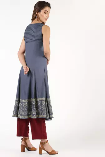 Rayon block print flared kurta,grey,(s,m,l,xl,2xl,3xl)