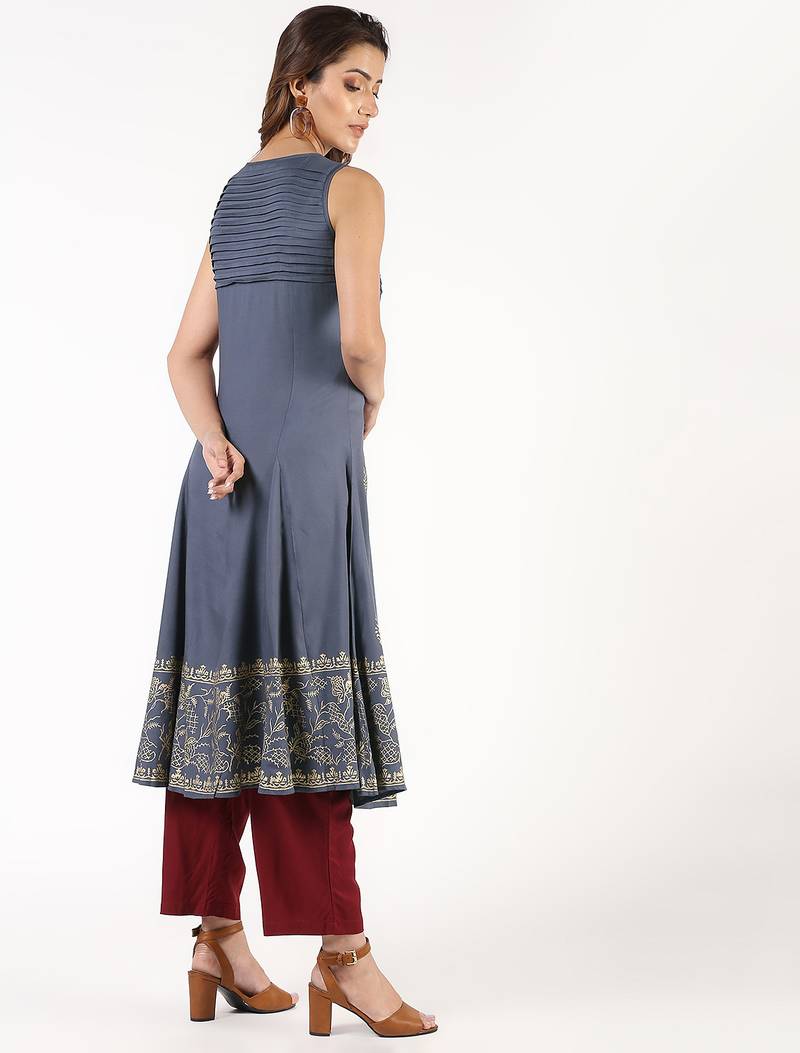 Rayon block print flared kurta,grey,(s,m,l,xl,2xl,3xl)