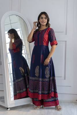 Rayon block print anarkali palazzo set,navy blue,(s,m,l,xl,2xl,3xl) 2