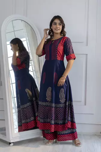 Rayon block print anarkali palazzo set,navy blue,(s,m,l,xl,2xl,3xl)