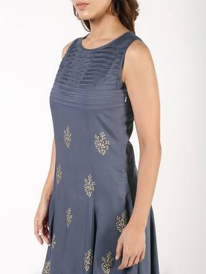 Rayon block print flared kurta,grey,(s,m,l,xl,2xl,3xl) 4